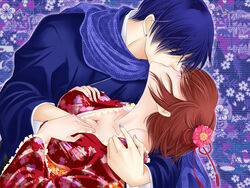 1boy arm_grab blue_hair blush breast_grab breasts brown_hair cleavage closed_eyes couple earrings female flower guided_breast_grab hair_flower hair_ornament hair_over_one_eye hair_ribbon holding hug japanese_clothes jewelry kaito kimono kissing meiko miozaki_toono nail_polish off_shoulder ribbon scarf short_hair undressing vocaloid yukata