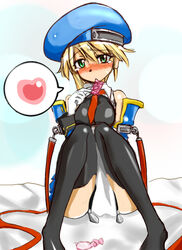 arc_system_works bed beret blazblue blonde_hair blush condom detached_sleeves female fuyu_sato gloves green_eyes hat necktie noel_vermillion photoshop riseandfool short_hair sitting solo thigh-highs thighhighs uniform used_condom