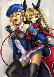 2girls arc_system_works beret black_legwear black_thighhighs blazblue blonde_hair breast_grab breasts detached_sleeves dress female fingering gloves hair_ribbon hat kai_(5963) long_hair multiple_girls necktie noel_vermillion rachel_alucard red_eyes ribbon shellfish_(pixiv749206) short_hair tears thigh-highs thighhighs tied_hair tongue twintails white_gloves yuri