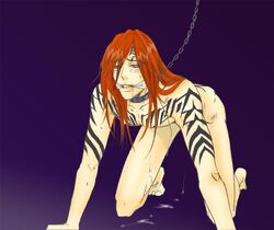 1boy all_fours bleach blush bondage brown_eyes chains collar cum gag male male_only red_hair renji_abarai solo sweat tattoo