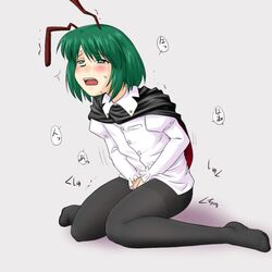 antennae black_legwear blush cape clothed_masturbation clothing female green_eyes green_hair holding_urine masturbation pantyhose purple_bonus short_hair solo sweat thighband_pantyhose touhou wriggle_nightbug