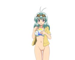 bottomless bra female glasses green_hair highres ice_cream legs lingerie long_hair nude nude_filter open_mouth photoshop pussy run_elsie_jewelria solo to_love-ru uncensored underwear white_background