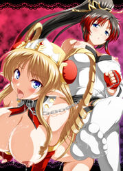 2girls akino_hamo banpresto black_hair blonde_hair bondage breasts chains crossed_legs crown elf feet femdom femsub fingerless_gloves gloves hamo_(anarc) huge_breasts human_chair human_furniture legs_crossed multicolored_hair multiple_girls nanbu_kaguya neige_hausen nipples pointy_ears red_hair saliva sitting sitting_on_person slave super_robot_wars super_robot_wars_og_saga_mugen_no_frontier thighhighs toes yuri