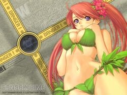 ahoge bikini breasts cleavage erect_nipples flower from_below hair_flower hair_ornament leaf leaf_bikini leaves long_hair looking_down midriff navel purple_eyes red_hair string_bikini swimsuit taka_tony tied_hair twintails wallpaper