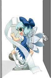 blue_eyes blue_hair bow cirno cute_fang duplicate failure female footwear hairbow kneehighs looking_back noya noya_makoto panties panty_pull peeing socks toilet toilet_paper touhou underwear wings