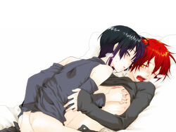 2boys anal bed bitte black_hair blood blush breath detached_sleeves dominant_uke femboy gay girly grey_eyes male_only multiple_boys on_back open_mouth red_hair riding saliva scratching shirt_lift tagme tongue wince yaoi yellow_eyes