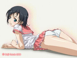 ass black_hair blue_eyes blush female gotoh_keiji gotou_keiji looking_back lying on_stomach original panties pantyshot pantyshot_(lying) school_uniform seifuku serafuku short_hair skirt underwear wallpaper white_panties