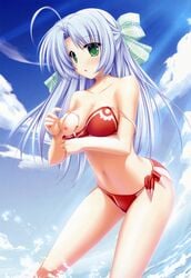 ahoge alicia_infans bikini blue_hair blush bow breast_hold breasts green_eyes hair_ribbon highres long_hair magus_tale ocean open_clothes open_shirt ribbon ribbons shirt side-tie_bikini swimsuit tenmaso white_hair