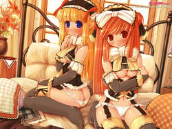 2girls ass ass_cleavage bed black_legwear black_thighhighs blonde_hair blue_eyes blush bow bowtie breasts bridal_gauntlets brown_eyes brown_hair butt_crack clothing corset elbow_gloves frilled_panties frills galge.com garter_belt garters gloves hair_ribbon hair_ribbons hairbow half-shirt headdress hips kneeling lingerie long_hair lowleg lowleg_panties maid multiple_girls orange_hair panties panty_pull red_eyes ribbon ribbons shigatake sitting stockings thigh-highs thighhighs thighs tied_hair twintails underboob underwear vip_quality wallpaper wariza white_panties