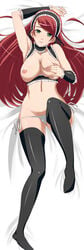 1girls arm_warmers armpits black_legwear black_thighhighs breastless_clothes breastless_clothing breasts cameltoe choker covering covering_breasts dakimakura feet female frills green_eyes hairband highres kuriyama_kuriotoko large_breasts long_hair long_image lying nipples on_back original panties red_hair side-tie_panties skindentation solo tall_image thighhighs underwear