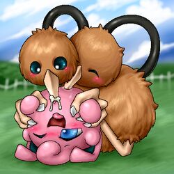 1girls ambiguous_gender avian blue_eyes blush box_xod doduo duo female fur happy interspecies jigglypuff nintendo open_mouth pokemon pokemon_(species) pussy smile tongue tongue_out video_games zoophilia