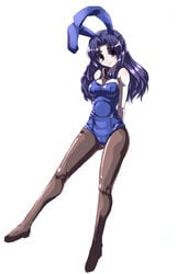 1girls animal_ears asakura_ryouko between_breasts blue_eyes blue_hair bow breasts bunny_ears bunnysuit cameltoe collar female female_only human knife long_hair object_between_breasts pantyhose purple_eyes purple_hair solo suzumiya_haruhi_no_yuuutsu usagimimi white_background