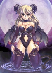 blonde_hair breasts demon_girl devil elf fully_clothed horns long_hair moon pointy_ears red_eyes succubus tail thigh_highs thighhighs uchiu_kazuma wings