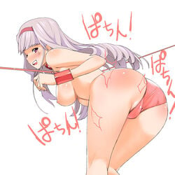 a1 ass bent_over bondage breasts color female hair idolmaster long_hair purple_hair red_ass shijou_takane simple_background slave solo spanked topless