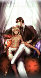 1boy 1girls blonde_hair blue_eyes brown_hair couch curtains dark_nipples dark_skin female garter_belt gunslinger_girl highres junji_(pixiv579990) lingerie long_hair navel nipples panties thighhighs tied_hair topless triela_(gunslinger_girl) twintails underwear victor_hillshire waistcoat window