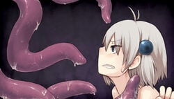 ahoge angry blue_eyes clenched_teeth copyright_request cum female grey_hair hair kimura_senri profile short short_hair slime solo sweatdrop tentacle tentacle