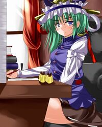 blush eiki_shiki female green_hair hat masturbation short_hair touhou tsuduri tsuzuri_(tuzuri)