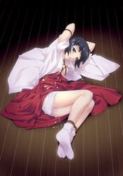 1girls ankles_bound ankles_tied arms_behind_head arms_bound arms_up black_hair bondage breasts breasts_out cum cum_between_thighs cum_on_body cum_on_face cum_on_lower_body eyebrows f-ism female female_focus female_only hakama highres human human_female human_only japanese_clothes miko murakami_suigun nipples on_ground on_side open_topwear original partially_nude red_eyes rope solo tabi wooden_floor