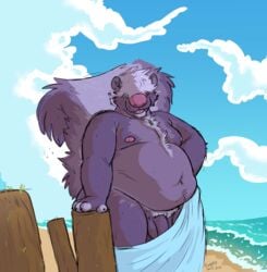 2018 4_fingers absurd_res anthro arm_support balls beach belly big_belly biped blep body_hair chest_hair cloud deep_navel fingerless_(marking) flaccid fluffy fluffy_tail front_view fur hair hair_over_eyes hairy hand_on_hip hi_res jewelry long_tail looking_at_viewer male male_only mammal moobs mux_(slimeymonsterguts) naked_towel navel necklace nipples obese outside overweight overweight_male penis penis_base pink_nipples pink_nose portrait presenting presenting_penis pubes public purple_balls purple_fur purple_hair purple_penis purple_tail sea seaside short_hair skunk sky slimeymonsterguts smile solo standing thick_thighs three-quarter_portrait tongue tongue_out toony towel water