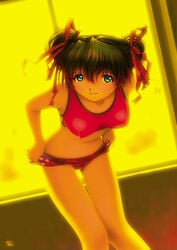 alternate_hairstyle bangs bent_over bikini bikini_pull black_hair blue_eyes blush breasts dark_hair double_bun double_vertical_stripe dutch_angle erect_nipples female hair_between_eyes hair_ribbon hair_ribbons highres kobayashi_yuji kobayashi_yuuji looking_at_viewer nagko panties panty_pull ribbon ribbons short_hair signature smile solo sports_bikini standing swimsuit taut_shirt thigh_gap tight_clothes underwear undressing