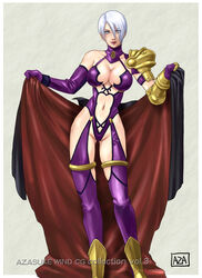 azasuke blue_eyes breasts cleavage female female_only hair highres human isabella_valentine solo soul_calibur soul_calibur_ii standing text watermark