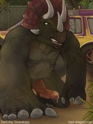 1boy animal_genitalia anthro bad_dragon car cum cum_on_penis cum_string dinosaur erection genital_slit horn looking_away male male_only nude official_art orgasm outside penis precum sharp_teeth sitting slit smile solo teeth tongue tongue_out trent triceratops unknown_artist