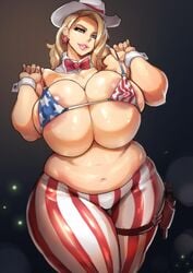 1girls american_flag ashley_(donaught) big_breasts bikini_top blonde_hair breasts chubby donaught female female_only hat huge_breasts long_hair makeup thick thick_thighs venus_body voluptuous weapon wide_hips