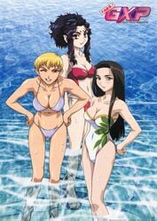 3girls absurdres amane_kaunaq arm armpits arms bare_shoulders barefoot bikini black_hair blonde_hair blue_eyes blush breasts brown_eyes brown_hair cleavage clothing_cutout collarbone facial_mark feet female forehead_mark grin hands_on_hips highres humanoid kiriko_masaki_jurai large_breasts leaning leaning_forward legs_together leotard light-skinned_female light_skin megami_magazine midriff multiple_girls navel neck official_art one_eye_closed pale-skinned_female pale_skin parted_lips partially_submerged pointy_ears ponytail red_eyes ryoko_balta short_hair smile standing stomach_cutout strapless strapless_one-piece_swimsuit strapless_swimsuit swimsuit tall_image teeth tenchi_muyo! tenchi_muyo!_gxp tied_hair trio water wet wink