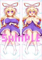 :< bandaid bandaid_on_pussy blonde_hair blush breast_hold breasts dakimakura dress dress_lift drooling erect_nipples female kisaragi_zwei knees_together_feet_apart lactation large_breasts long_hair masturbation milk mob_cap nipples purple_eyes sample self_fondle socks solo thigh_gap touhou very_long_hair white_legwear yukari_yakumo