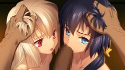 1boy 2girls black_hair blonde_hair blue_eyes blush censored collaborative_fellatio collarbone double_fellatio fellatio female game_cg hair_grab highres long_hair looking_at_viewer male mosaic_censoring multiple_fellatio multiple_girls nude oral penis pov red_eyes sengoku_hime sengoku_hime_6 teamwork tongue tongue_out