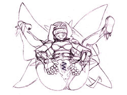 4_wings anus boots breasts censored cleavage digimon digimon_frontier fairimon fairy fairy_wings fairymon female footwear highres kazemon legs long_hair monochrome pussy sketch smile solo spread_legs visor wings