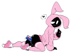 1boy anal anal_sex ass balls black_skin can clothing doppel empty_eyes footwear fursuit heart hi_res hoodie humanoid legwear male male_only nervous noseless ok_sign penetration pepsi pictographics pink_clothing side_view simple_background smile solo speech_bubble sweat sweatdrop thigh_highs trap unknown_species white_background white_eyes