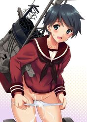 black_hair blush cannon collarbone cum cum_on_body cum_on_clothes cum_on_lower_body female kantai_collection kyougoku_shin looking_at_viewer machinery mogami_(kantai_collection) mound_of_venus open_mouth panties panty_pull pubic_hair school_uniform serafuku short_hair solo sweat underwear undressing white_panties