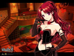 3girls arm arms bare_shoulders black_gloves breasts choker cleavage collarbone corset earrings elbow_gloves female gloves hand_on_hip head_tilt highres jewelry large_breasts long_hair looking_at_viewer mabinogi midriff multiple_girls navel neck necklace official_art purple_eyes red_eyes red_hair rose rua shiny shiny_hair shiny_skin smile strapless suspenders wallpaper