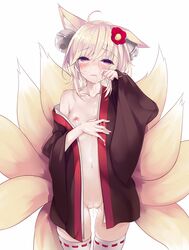 animal_ears bell female flower fox_ears fox_tail hair_flower hair_ornament highres inari_(sennen_sensou_aigis) minchi_(lordofthemince) nipples open_clothes open_shirt pussy pussy_juice red_eyes sennen_sensou_aigis shirt short_hair suggestive_fluid tail tears thighhighs uncensored