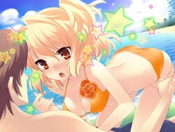 1boy :o ahoge asymmetrical_hair back bare_shoulders beach bent_over bikini blonde_hair blush breasts brown_hair cleavage cloud couple cowgirl_position duplicate dutch_angle embarrassed eye_contact female flyable_heart game_cg highres inflatable_raft ito_noizi itou_noiji katsuragi_shou kneeling leg_grab looking_at_another lying on_back open_mouth orange_eyes palm_tree ponytail short_hair shy side_ponytail sky star straddle straddling sumeragi_amane surprised swimsuit tied_hair tree unisonshift water wet