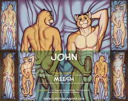 2015 abs advertisement annoying_watermark anthro anus ass balls bed_sheet cougar dakimakura erection feline fur john little_buddy looking_at_viewer lying male male_only mammal meesh muscles nude pecs penis smile watermark