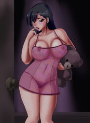 black_hair breasts doorway female finger_in_mouth large_breasts long_hair looking_at_viewer navel nightgown nipples open_mouth original panties red_eyes see-through solo stuffed_animal teddy_bear underwear wbd