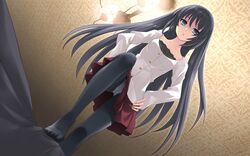 black_hair black_legwear black_pantyhose blue_eyes chandelier dutch_angle feet female femdom flyable_heart footjob game_cg hands_on_hips highres itou_noiji kimi_no_nagori_wa_shizuka_ni_yurete legs long_hair panties panties_under_pantyhose pantyhose pantyshot shirasagi_mayuri solo underwear upskirt wallpaper