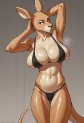 anthro armpits arms_up black_panties bra cleavage furry furry_female huge_boobs kangaroo massive_breasts spilling_out sweaty tail