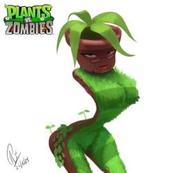 flowerpot glasses grass grass_(pvz) grass_field humanized large_breasts looking_at_viewer plant_girl plant_hair plants_vs._zombies plants_vs_zombies short_hair signature title vines wide_hips