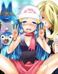 2girls age_difference ahe_gao beanie blonde_hair blue_eyes blue_hair blush boots cynthia_(pokemon) dawn_(pokemon) female hat human kneehighs long_hair lucario multiple_girls nintendo panties piplup pokemon pokemon_(species) pokemon_champion saliva scarf skirt spread_legs sweat tears trembling v vibrator watch wii_remote yellow_eyes yuri