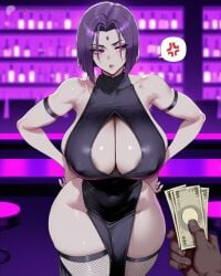 1boy 1boy1girl 1girls 2025 ai_generated ambiguous_imagination areola areola_slip bar_(place) cleavage cleavage_cutout covered_nipples dark-skinned_male dc_comics dress fat_ass female fishnet_legwear fishnet_thighhighs forehead_jewel grey_skin hands_on_hips hourglass_figure huge_breasts huge_thighs looking_away male/female money pale-skinned_female pale_skin patreon_username pelvic_curtain prostitution purple_eyes purple_hair purple_lighting raven_(dc) short_hair spoken_anger_vein straight_hair thick thick_thighs