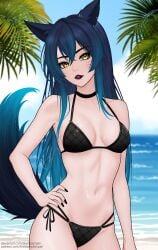1girls ahri akenosenpaii background bare_shoulders beach beach_background belly belly_button bikini bikini_bottom bikini_top black_nail_polish blue_hair collar collarbone female fox_ears fox_girl fox_tail goth goth_girl hand_on_hip high_resolution highres league_of_legends looking_at_viewer ocean pale_skin piercing riot_games sand wet wet_skin yellow_eyes