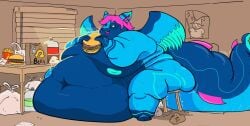 anthro aquatic ass bellbites belly belly_markings belly_on_ground big_belly big_butt bloated blue_body bodily_fluids chair_cracking deep_navel dragon eating exposed_belly fat_rolls feeding feedism fish gluttony green_eyes growth hair helpless hi_res huge_belly huge_moobs hungry hybrid immobile male markings moobs morbidly_obese morbidly_obese_male mythological_creature mythological_scalie mythology navel nipples nude obese obese_male overweight overweight_male pink_hair scalie shark sitting slip_(sky) slob solo sweat tail thick_tail thick_thighs useless_wings weight_gain