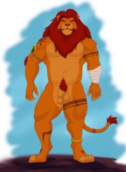 1boy anthro balls beijinbeef belly disney ear_piercing feline grin king lion male male_only mammal mane mufasa musclegut muscles penis piercing royalty sheath solo tattoo the_lion_king tribal western_art