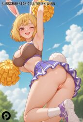 ;d ai_generated animal_ears arm_up armpits ass bangs bare_shoulders blonde_hair blue_skirt blue_sky blush breasts brown_eyes cheerleader cleavage cleft_of_venus cloud crop_top day female female_only from_below holding holding_pom_poms large_breasts looking_at_viewer midriff miniskirt navel no_panties one_eye_closed open_mouth outdoors pikkiwynn pleated_skirt pom_pom_(cheerleading) purple_footwear purple_skirt pussy rabbit_ears rabbit_girl rabbit_tail shoes short_hair skirt sky sleeveless smile sneakers socks solo tail teeth thighs upper_teeth_only white_socks