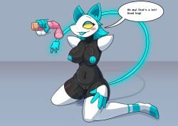 1boy 1girls 2025 alternate_version_available armless big_breasts black_body blue_eyeshadow blue_hair blue_nipples blush breasts bruhmynameisdylan cat_ears condom cum cum_in_condom deltarune dialogue english_text female female_focus handjob navel nipples penis plug plug_tail pussy pussy_juice stockings tasque_manager_(deltarune) text thick_thighs tongue tongue_out undertale_(series) yellow_eyes