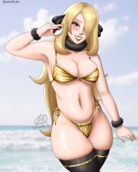 1girls big_breasts bikini blonde_female blonde_hair blonde_hair breasts breasts busty cynthia_(pokemon) eye_covered female_only golden_bikini hair_over_one_eye hips large_breasts light-skinned_female light_skin long_hair looking_at_viewer pokemon swimsuit theworldmaker14 thick_thighs thighs wide_hips