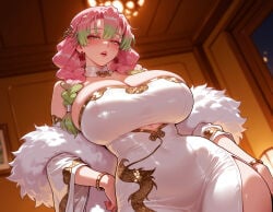 1girl 1girls ai_generated ass aurora balecxi blush boots braid breast_curtains breasts breath clothing curvaceous curvaceous_female curvaceous_figure curvy curvy_figure demon_slayer detached_sleeves elbow_gloves feathers female female_focus from_side fur_trim gloves gradient_hair green_eyes green_hair hair_ornament hand_on_own_hip horns huge_ass huge_breasts kanroji_mitsuri kimetsu_no_yaiba large_breasts legwear long_hair looking_at_viewer looking_back mitsuri_kanroji mole mole_under_each_eye mole_under_eye mountain mountainous_horizon multicolored_hair multiple_moles night night_sky outdoors pantyhose pine_tree pink_hair pointy_ears purple_gloves purple_pantyhose sideboob skirt sky snow snowing solo thick_thighs thighhighs thighs tree two-tone_hair uncensored underboob voluptuous voluptuous_female winter